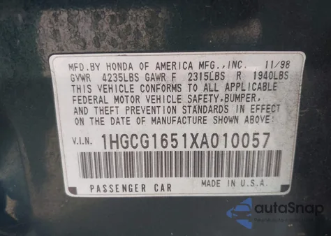 1999 Honda Accord Ex V6 z USA, uszkodzony, nr VIN 1HGCG1651XA010057